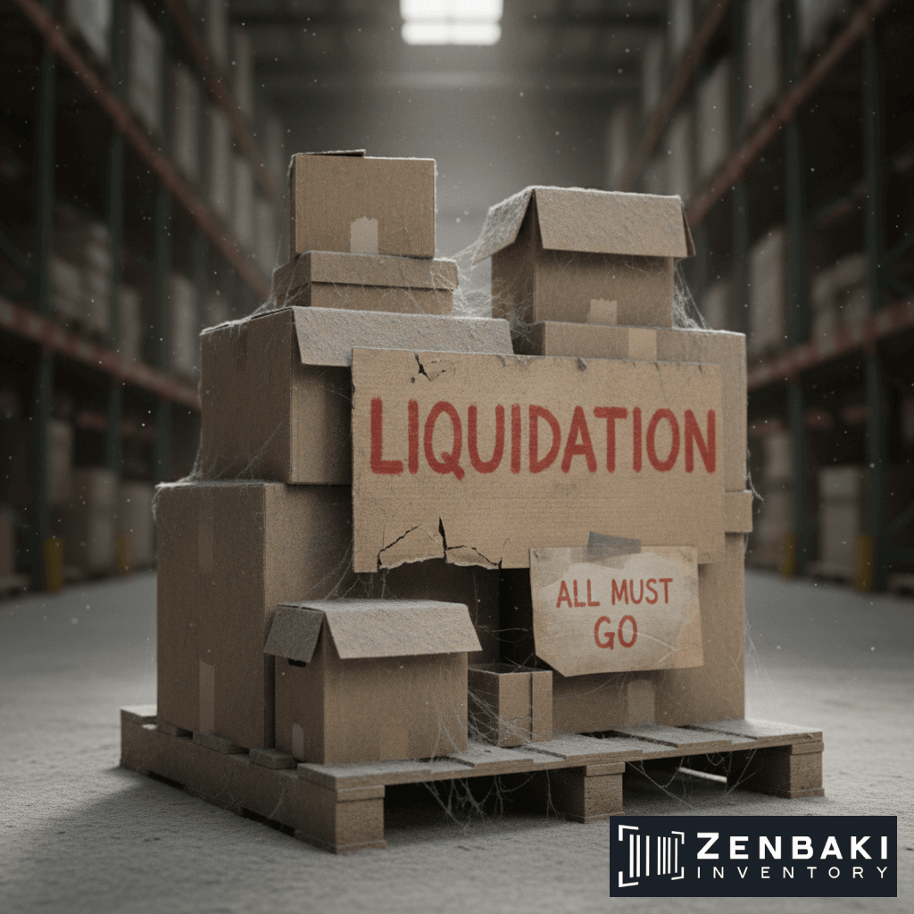 A pallet of dusty cardboard boxes labeled LIQUIDATION and ALL MUST GO sits in a warehouse, ready for inventory counting. The Zenbaki Inventory logo appears in the lower right corner.
