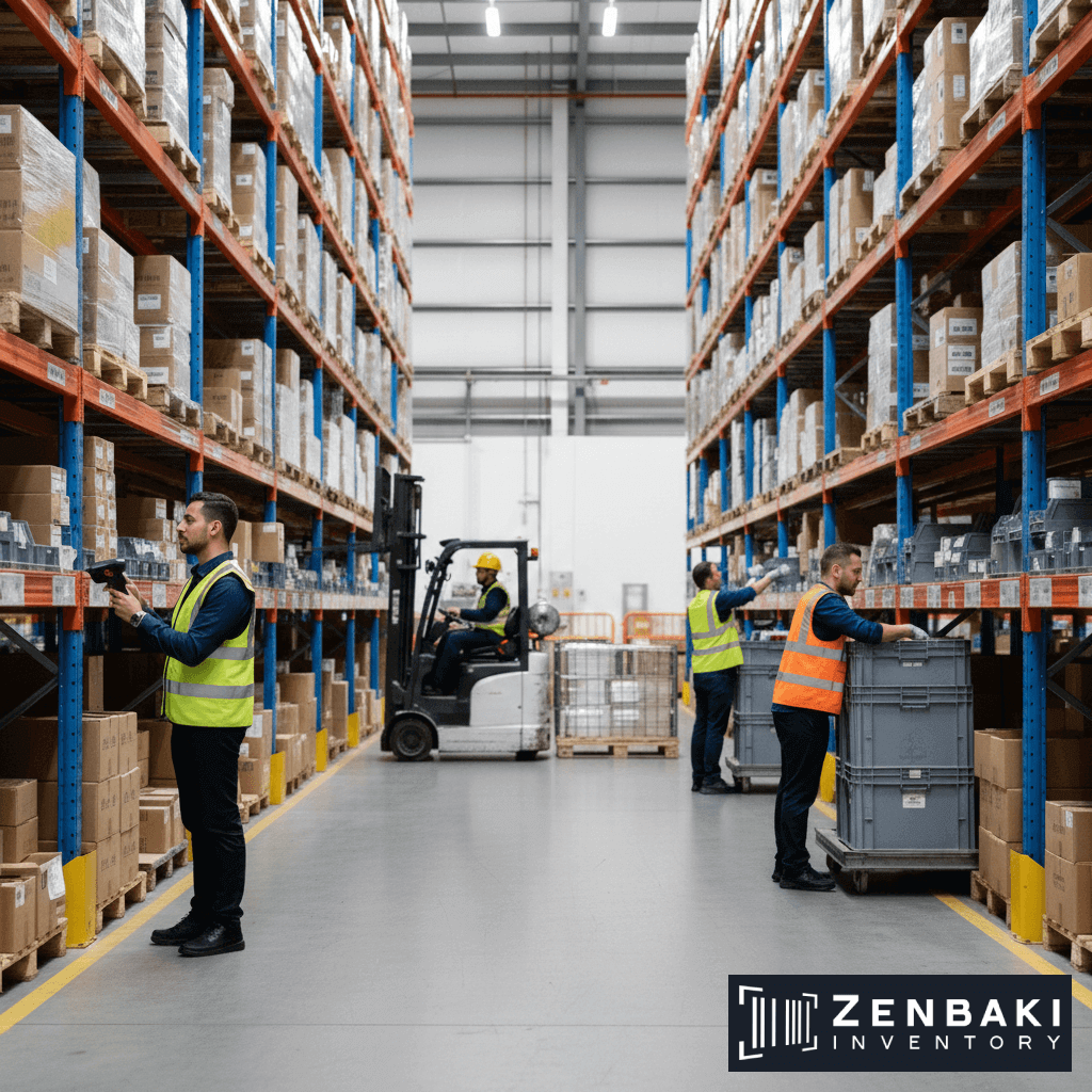 Workers in safety vests organize and check inventory in a large warehouse with tall shelves full of boxes, actively involved in inventory counting; one person uses a forklift. The image features the Zenbaki Inventory logo in the corner.