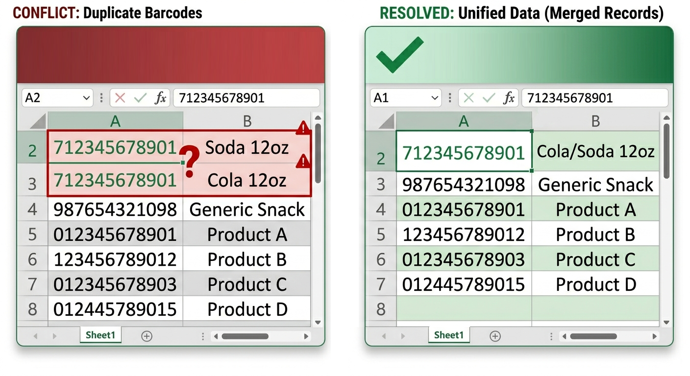 A side-by-side comparison of an Excel spreadsheet showing a data integrity conflict and its resolution. The left panel highlights duplicate barcodes with conflicting product descriptions (Soda vs. Cola) in red. The right panel shows the resolved data in green, where the duplicates have been merged into a single, unified record for a clean inventory audit.