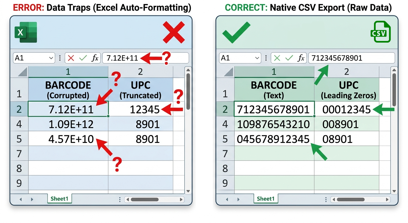 Screenshot of Excel showing scientific notation barcode error