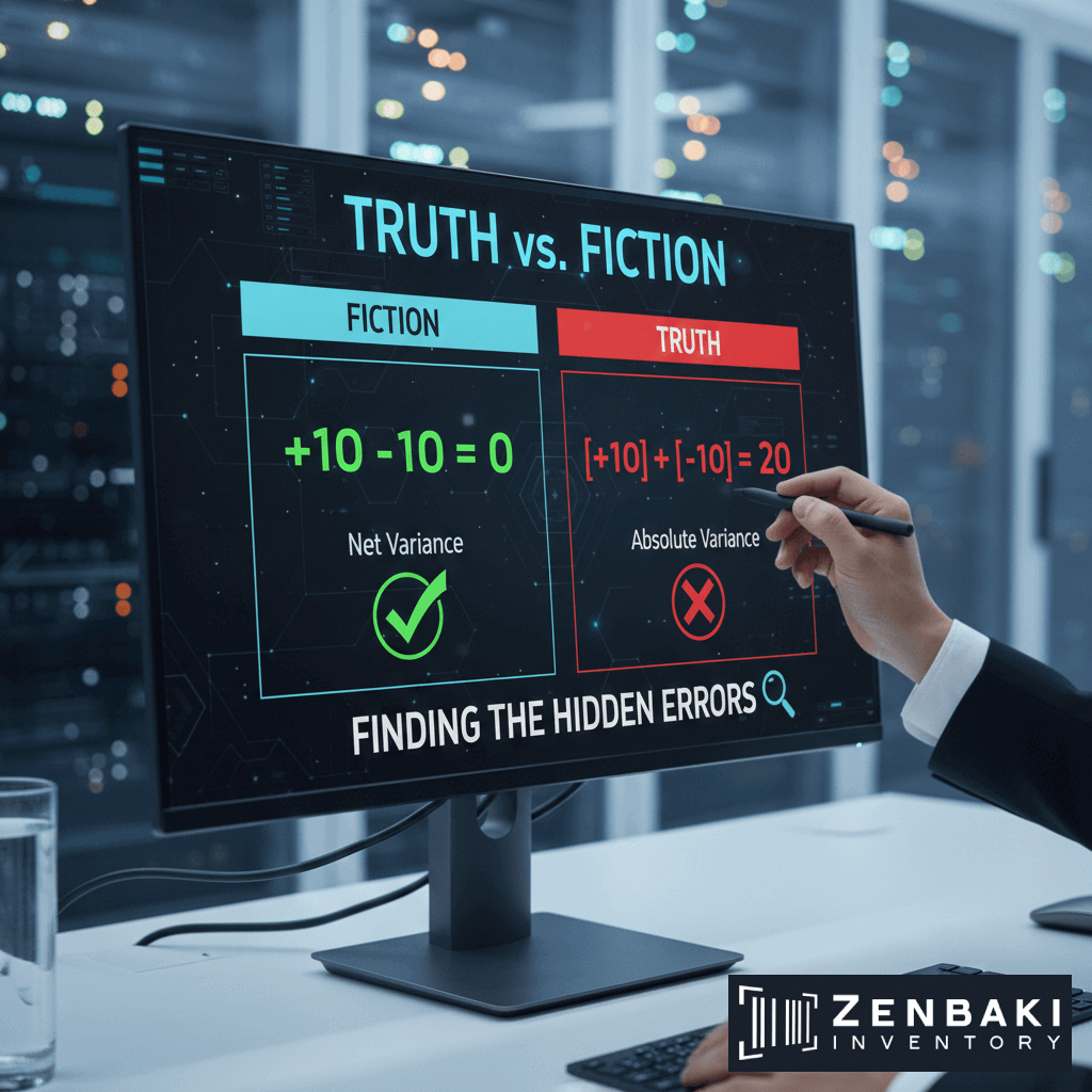 A person uses a stylus to point at a computer screen displaying a comparison chart titled TRUTH vs. FICTION, highlighting differences between net and absolute variance—key concepts in inventory counting services. The Zenbaki Inventory logo appears in the corner.