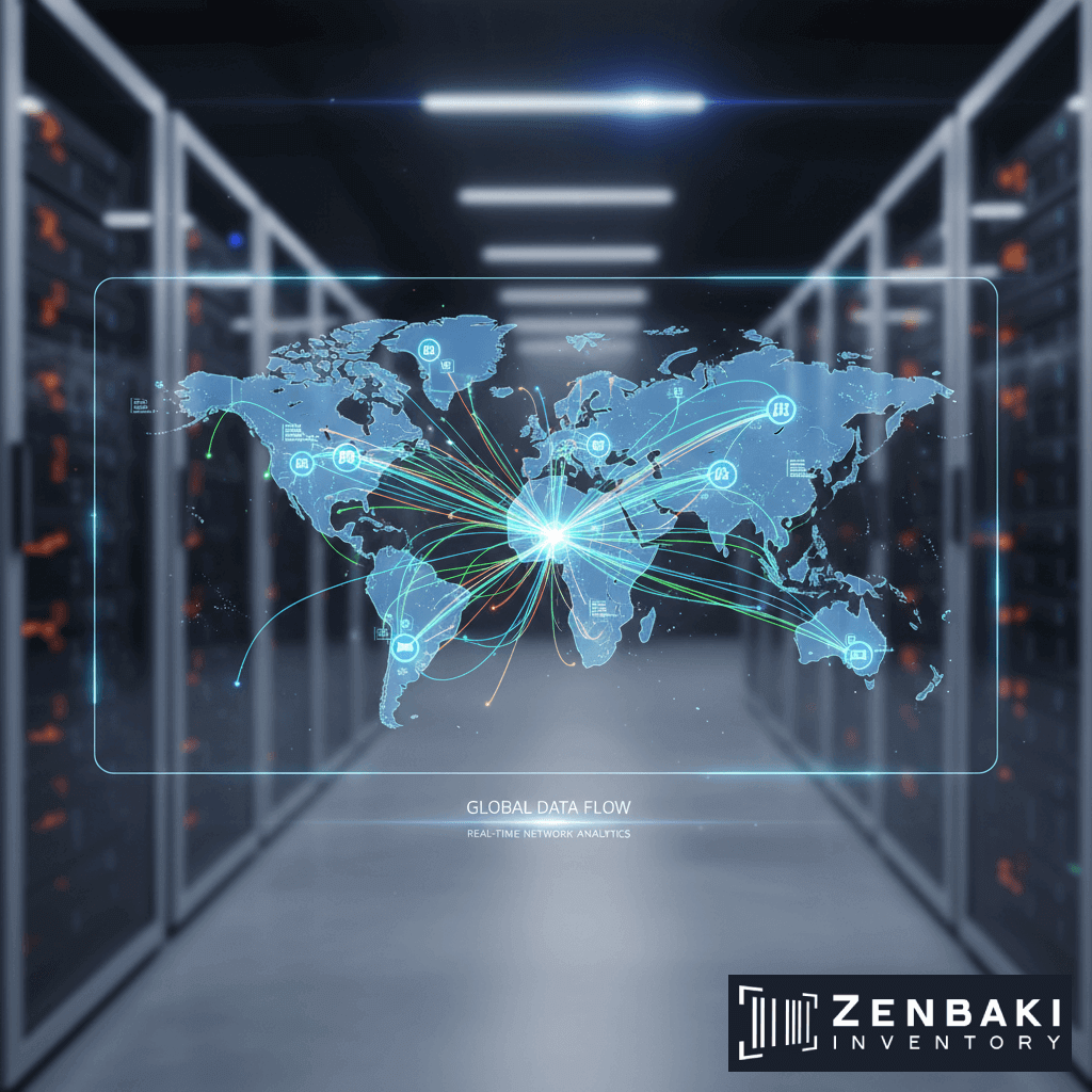 A digital world map with glowing data flow lines connects major cities, overlaid in a server room. Global Data Flow and Zenbaki Inventory logos highlight real-time network analytics and advanced inventory counting solutions.
