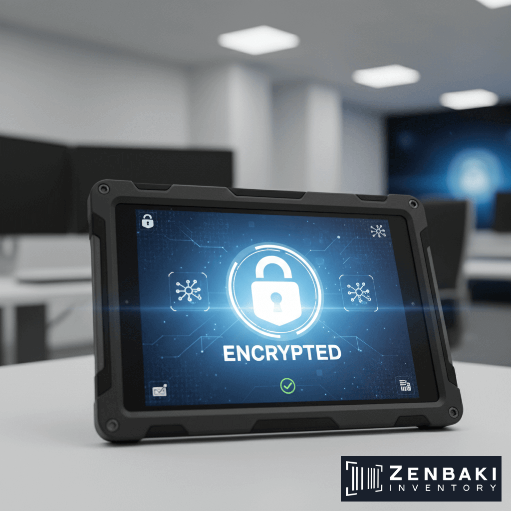 A rugged tablet used for inventory counting displays a glowing padlock icon and the word ENCRYPTED, set against a digital network background on a desk in a modern office. The Zenbaki Inventory logo is visible in the corner.