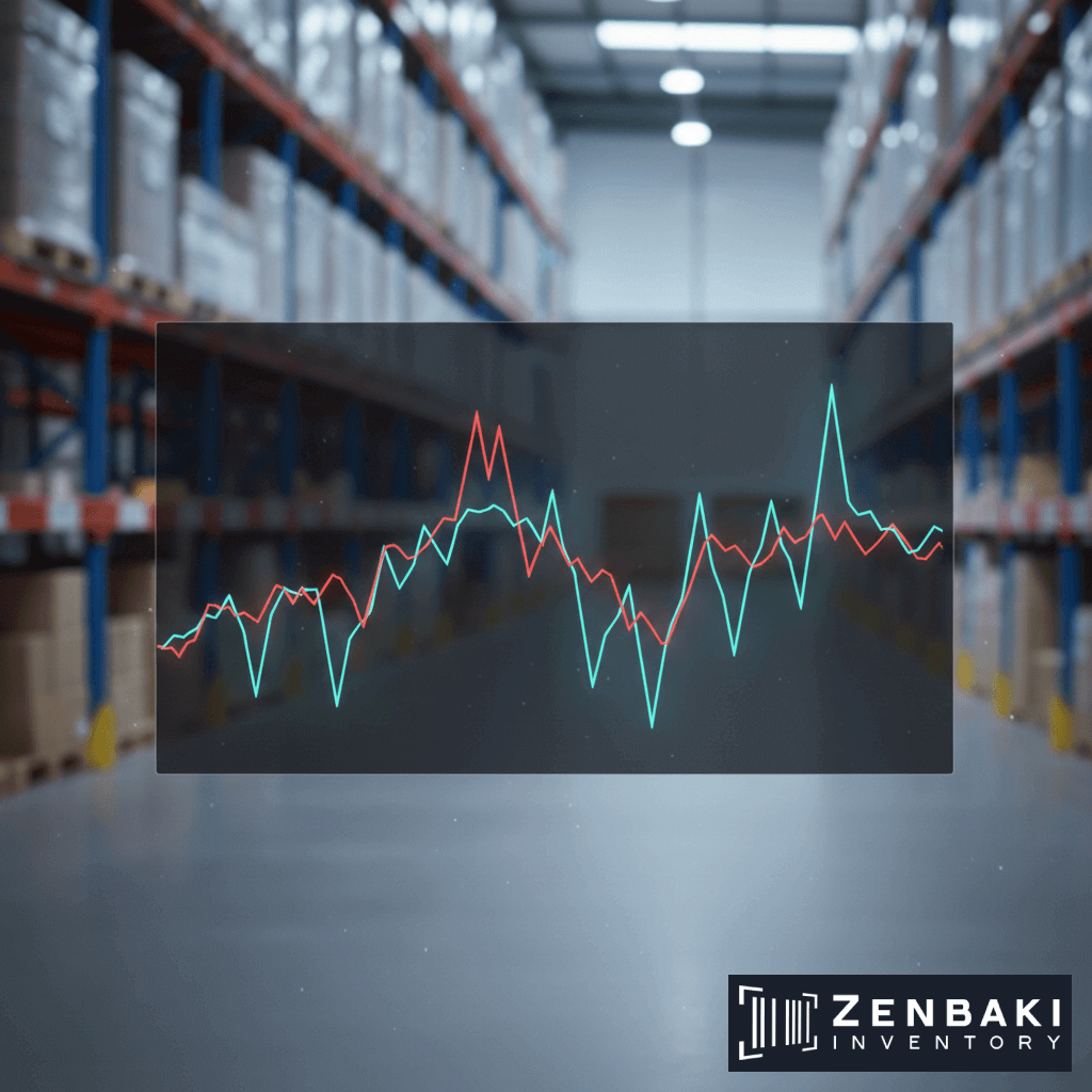 A warehouse with tall shelves and boxes, overlaid with a fluctuating line graph in red and blue to represent inventory counting. The bottom right corner features the Zenbaki Inventory logo.