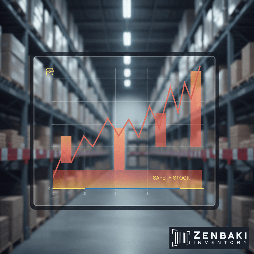 A digital chart showing fluctuating stock levels with an upward trend overlays a warehouse filled with shelves of boxes, highlighting inventory counting. The words Safety Stock and Zenbaki Inventory appear on the chart and image.